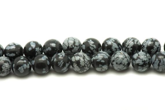 Fil 39cm 45pc Env - Perles Pierre - Obsidienne Flocon De Neige Mouchetée Boules 8mm Noir Gris