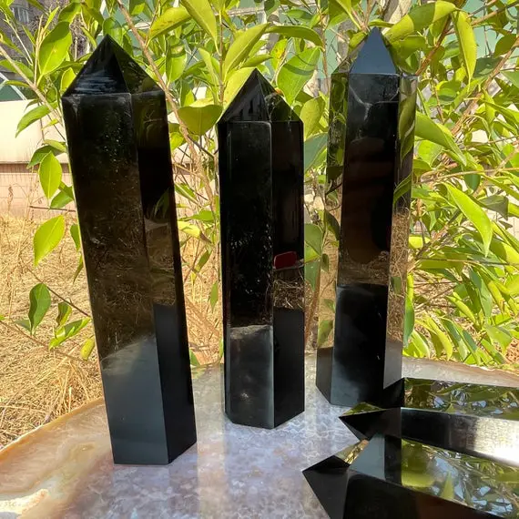 5~9" Large Black Obsidian Tower,healing Crystal Tower,big Black Obsidian Tower,large Black Obsidian Wand,for Home Decor Tower.