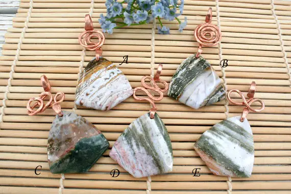 Ocean Jasper Freeform Pendants With Copper Wirewrap (etf00029) Unique Jewelry/vintage Jewelry/gemstone Pendants