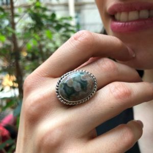 Shop Ocean Jasper Rings! Antique Ring, Ocean Jasper Ring, Vintage Ring, Natural Jasper Ring, Large Stone Ring, Large Green Ring, Unique Stone Ring, Solid Silver Ring | Natural genuine Ocean Jasper rings, simple unique handcrafted gemstone rings. #rings #jewelry #shopping #gift #handmade #fashion #style #affiliate #ad