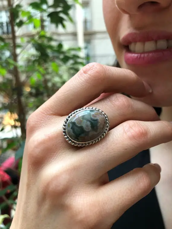 Antique Ring, Ocean Jasper Ring, Vintage Ring, Natural Jasper Ring, Large Stone Ring, Large Green Ring, Unique Stone Ring, Solid Silver Ring