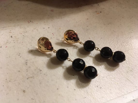Black Earrings - Onyx Gemstone Jewelry - Gold Jewellery - Luxe - Chic - Dangle - Pierced