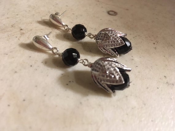 Black Onyx Earrings - Sterling Silver Jewelry - Gemstone Jewellery - Cubic Zirconia Beadcaps - Luxe