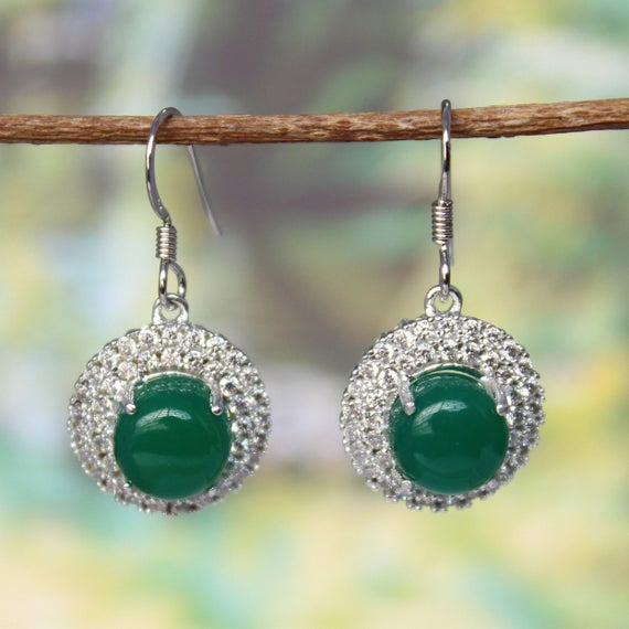 Green Onyx Drop Earrings-onyx Cluster Earrings-round Onyx Cluster Drops-onyx 925 Silver Earrings-round Onyx Silver Dangle Drops
