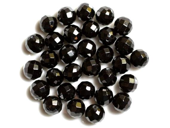 Fil 39cm 48pc Environ- Perles Pierre Onyx Noir Boules Facettées 8mm