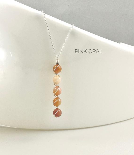 October Birthstone, Pink Opal, Opal Necklace, Sterling Silver
