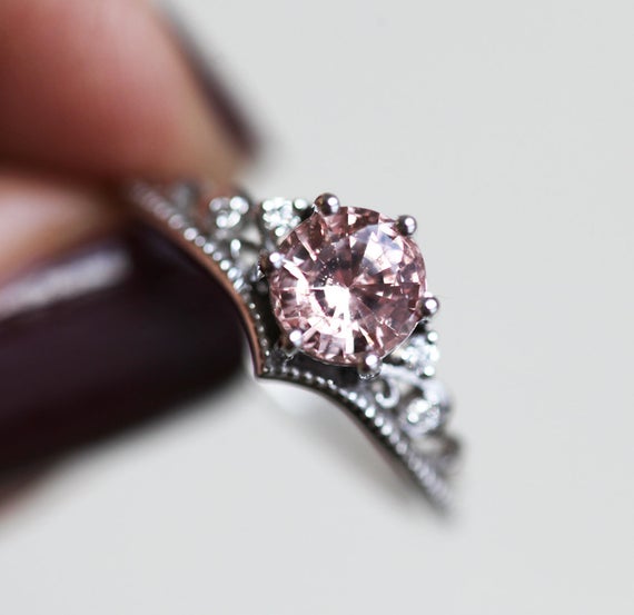 Peach Sapphire Engagement Ring, Round Pink Sapphire Ring, Vintage Style Engagement Diamond Ring, White Gold Sapphire Ring