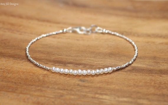 Freshwater Pearl Bracelet, Hill Tribe Silver Beads, Fine Silver, Pearl Jewelry, June Birthstone, Layering, Minimalist,