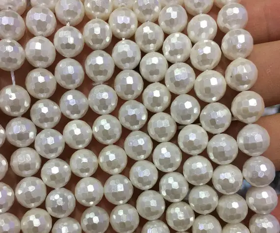 White Shell Pearl Faceted Beads, Natural Gemstone Beads 6mm 8mm 10mm 12mm 15''