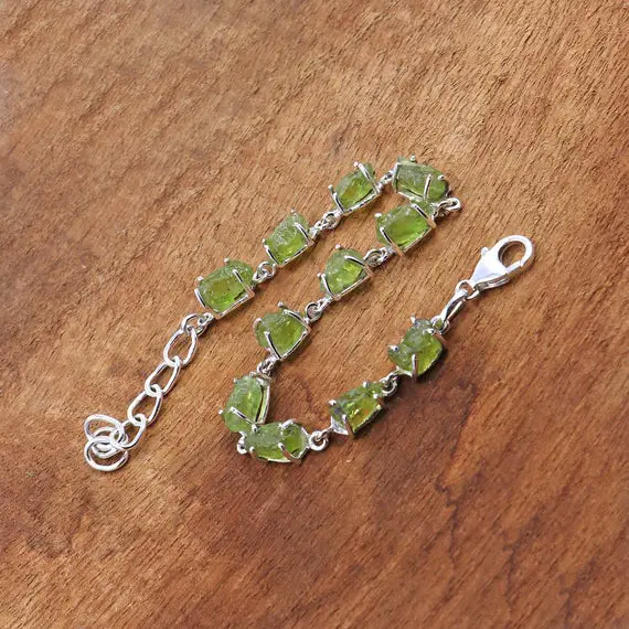 925 Sterling Silver Bracelet* Green Peridot Gemstone Bracelet* Rough Peridot Adjustable Bracelet* Bracelet For Women* August Birthstone