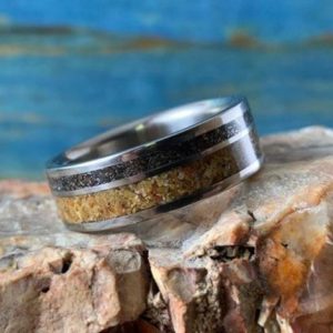 Shop Petrified Wood Jewelry! Petrified Wood and Meteorite Ring – Men's Wedding Band – Unique Mens Ring | Natural genuine Petrified Wood jewelry. Buy handcrafted artisan wedding jewelry.  Unique handmade bridal jewelry gift ideas. #jewelry #beadedjewelry #gift #crystaljewelry #shopping #handmadejewelry #wedding #bridal #jewelry #affiliate #ad