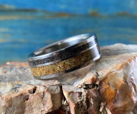 Petrified Wood And Meteorite Ring - Men's Wedding Band - Unique Mens Ring