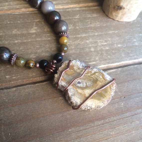 Petrified Wood Necklace Brown Stone Necklace Beaded Pendant Necklace Wire Copper Necklace Boho Jasper Unique Gift Jewelry For Women Men 18