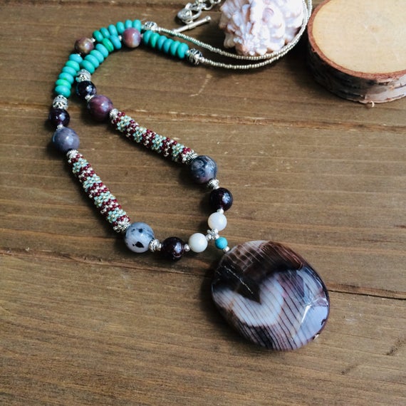 Petrified Wood Necklace Heart Pendant Peyote Beaded Blue Necklace Turquoise Brown Stone Handmade Boho Tribal Unique Jewelry For Women 24