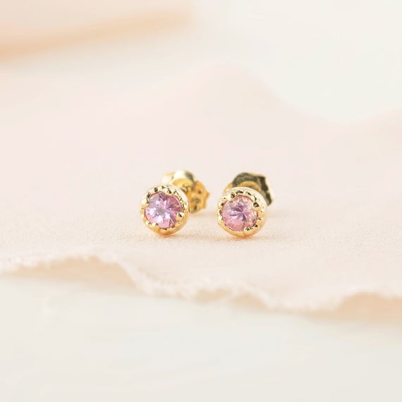 Pink Sapphire Earrings, Small Pink Sapphire Stud Earrings, Pink Sapphire Studs, Tiny Pink Sapphire Jewelry, 14k Gold Pink Sapphire Earrings