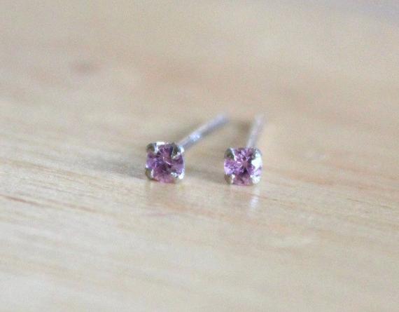 Pink Sapphire Gemstone Tiny Silver Studs 92.5 Prong Setting, Pink Sapphire Earrings Stud