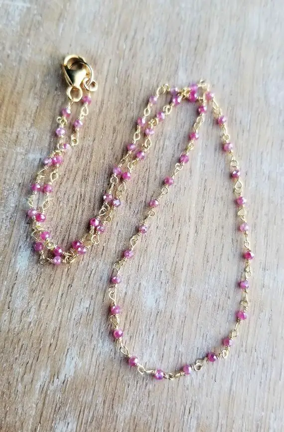 Pink Sapphire Necklace, Pink Gemstone Beaded Necklace, 16 Inch Necklace, Pink Sapphire Beaded Choker, Minimalist Dainty Pink Necklace Gold