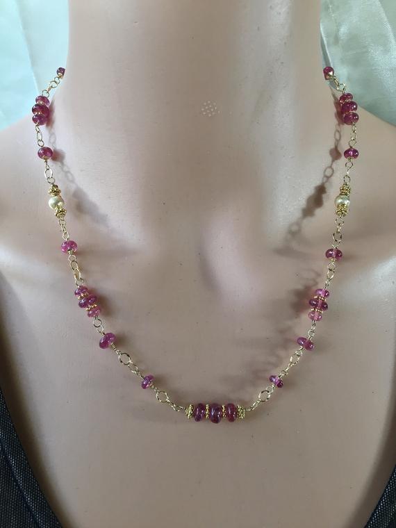 Pink Sapphire Necklace, Genuine Bright Stones In Gold Rosary Style Gemstone Necklace. Beautiful!