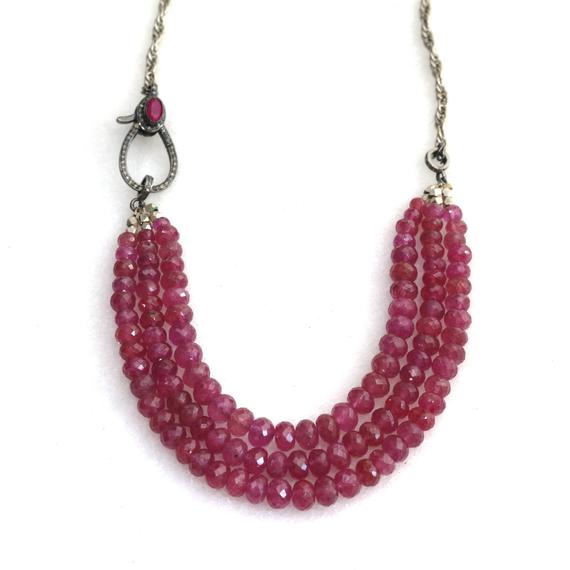 Pink Sapphire Necklace With Genuine Diamond And Pink Sapphire Silver Clasp, Pink Sapphire Statement Necklace