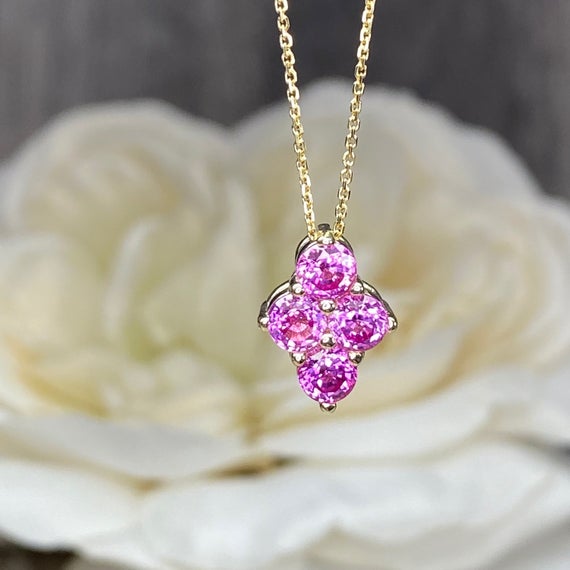 Pink Sapphire Pendant Necklace For Her, Ladies Family Birthstone Necklace 14k Yellow Gold,  Girls Sapphire Pink Birthstone Necklace,   #7079