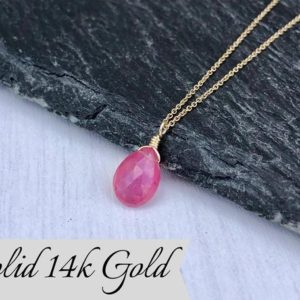 Pink Sapphire Necklace, September Birthstone, Hot Pink Teardrop Pendant, Solid 14k Gold, Pink Jewelry, Real Gold Minimalist Jewelry Gift | Natural genuine Pink Sapphire pendants. Buy crystal jewelry, handmade handcrafted artisan jewelry for women.  Unique handmade gift ideas. #jewelry #beadedpendants #beadedjewelry #gift #shopping #handmadejewelry #fashion #style #product #pendants #affiliate #ad