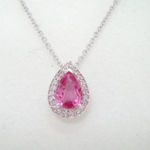 Shop Pink Sapphire Pendants! Pink Sapphire Pendant, Pear Shaped Sapphire Necklace, Diamond Pendant Necklace, 1.49 Carat 14K White Gold Handmade micro pave set Birthstone | Natural genuine Pink Sapphire pendants. Buy crystal jewelry, handmade handcrafted artisan jewelry for women.  Unique handmade gift ideas. #jewelry #beadedpendants #beadedjewelry #gift #shopping #handmadejewelry #fashion #style #product #pendants #affiliate #ad