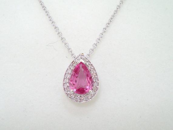 Pink Sapphire Pendant, Pear Shaped Sapphire Necklace, Diamond Pendant Necklace, 1.49 Carat 14k White Gold Handmade Micro Pave Set Birthstone