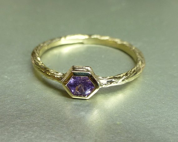 Pink Sapphire Ring. Hexagon Sapphire Promise Ring. Unique Sapphire Engagement Ring. Textured Sapphire Ring. 14k Pink Sapphire Stacking Ring.