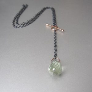Shop Green Amethyst Jewelry! Prasiolite Green Amethyst, Green Quartz Drop, Solid 14k Rose Gold and Sterling Silver Toggle Necklace | Natural genuine Green Amethyst jewelry. Buy crystal jewelry, handmade handcrafted artisan jewelry for women.  Unique handmade gift ideas. #jewelry #beadedjewelry #beadedjewelry #gift #shopping #handmadejewelry #fashion #style #product #jewelry #affiliate #ad