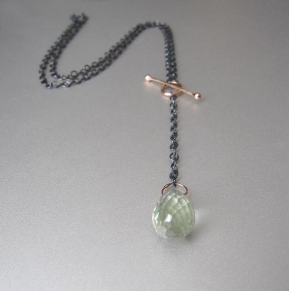 Prasiolite Green Amethyst, Green Quartz Drop, Solid 14k Rose Gold And Sterling Silver Toggle Necklace