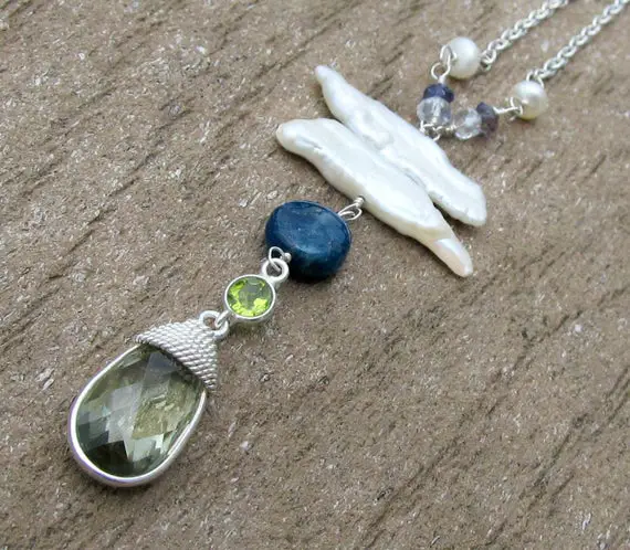 Prasiolite Necklace, Mint Green Amethyst Necklace, Wife Jewelry Idea, Gemstone Necklace W Biwa Pearls, February Birthstone, June Birthstone