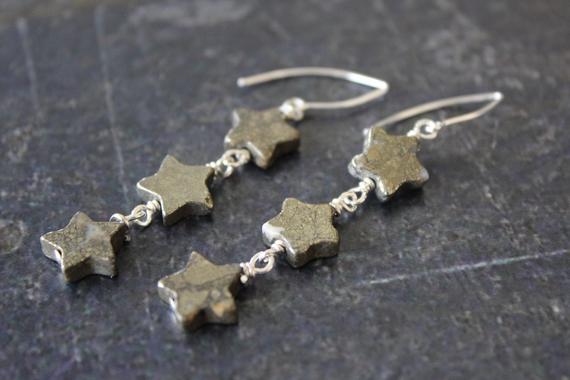 Pyrite Star Earrings, Long Star Dangle Earrings, Star Earrings, Sterling Silver Star, Pyrite Star, Star Jewelry, Celestial Jewelry