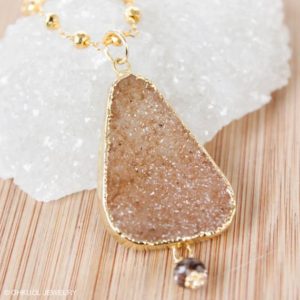 Shop Pyrite Necklaces! 50% OFF SALE – Peach Orange Druzy Necklace, Free Form Gemstone, Gold Pyrite Chain, Metallic Gold, Champagne Druzy | Natural genuine Pyrite necklaces. Buy crystal jewelry, handmade handcrafted artisan jewelry for women.  Unique handmade gift ideas. #jewelry #beadednecklaces #beadedjewelry #gift #shopping #handmadejewelry #fashion #style #product #necklaces #affiliate #ad