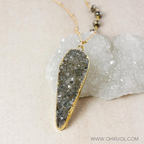 Sage Green Druzy Leaf Necklace, Black Pyrite Chain, Raw Druzy Necklace