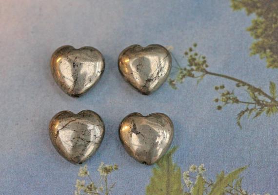 Natural Gemstone Pyrite Hearts 12mm Set Of 4 Beads Gold Pyrite