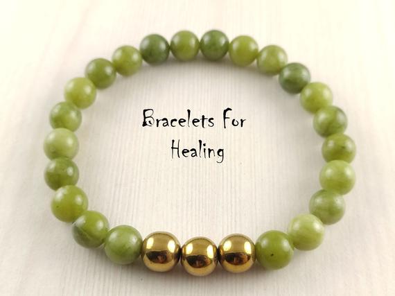 Gold Hematite & Green Jade Bracelet, Beaded Bracelet, Gift For Her, Gemstone Bracelet, Healing Bracelet, 8mm Beads, Friendship Bracelet