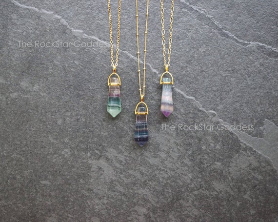 Gold Filled Rainbow Fluorite Crystal Pendant Necklace