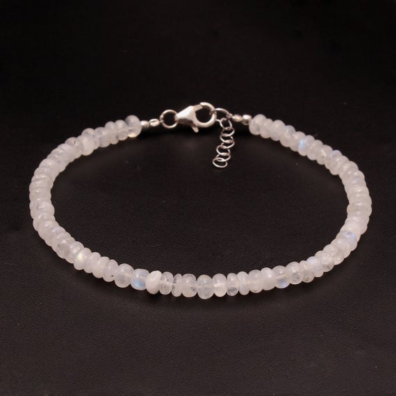 Rainbow Moonstone Bracelet, Genuine Moonstone Beaded Bracelet, 5mm Moonstone Smooth Rondelle Beads, Blue Flashy Moonstone Jewelry For Women