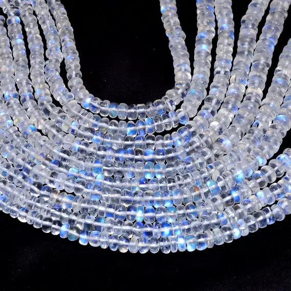 Aaa+ Rainbow Moonstone Blue Fire Smooth Rondelle | Gemstone 4mm-6mm Beads 8" Strand | Natural Moonstone Semi Precious Gemstone Loose Beads