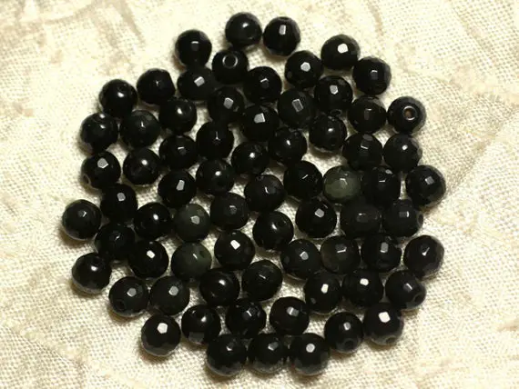 Fil 39cm 61pc Env - Perles De Pierre - Obsidienne Noire Arc En Ciel Boules Facettées 6mm