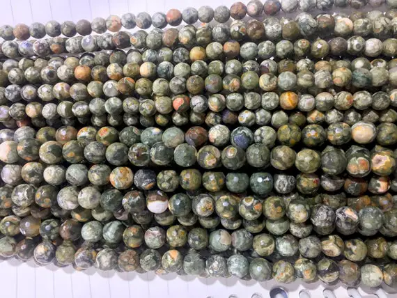 Rhyolite  Jasper Beads - Green Gemstone -  Faceted Round Beads - Faceted Round Stone Beads - Jewelry Making Japser - Forest Style - 15inch
