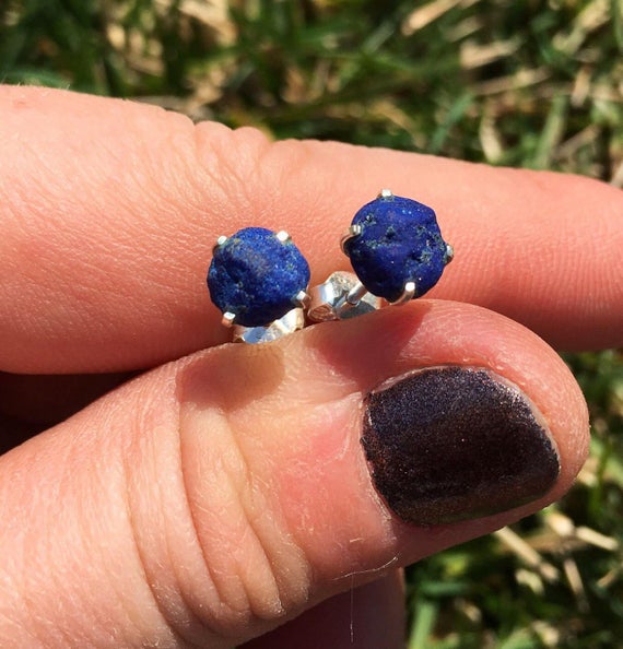 Raw Azurite Crystal Stud Earrings - Sterling Silver - Blue Green Gemstone Earrings - Azurite Post Earrings - Azurite Jewelry - Azurite Stone