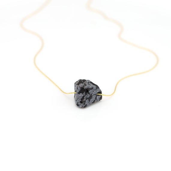 Raw Black Obsidian Necklace, Protection  Crystal Gift, Minimalist Layering Gemstone Necklace, Snowflake Obsidian Gold Filled Chains