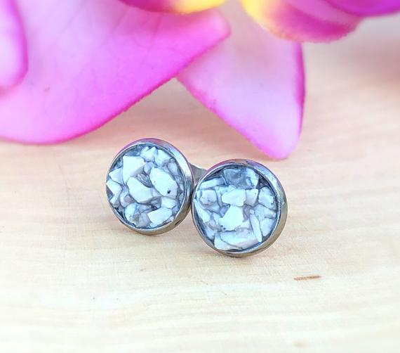 Raw White Howlite Stud Earrings, Natural Round Crushed Gemstone Studs, Marble, Crystal Rough Post Stone Rock, Calming, Insomnia,anxiety,gift