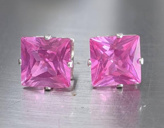 Real Pink Sapphire Stud Earrings. Pink Sapphire Earrings 8mm Silver Or Solid Gold Women's Birthday Gift -  6ct Genuine Gemstone Jewelry