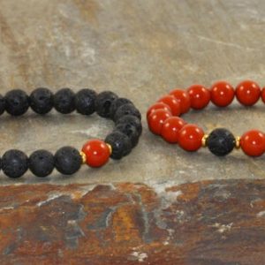Shop Red Jasper Jewelry! Couples Bracelets, His and Hers Bracelet Set, Volcanic Lava & Red Jasper Bracelet, Wrist Mala Beads, Strength – Grounding – Stress Relief | Natural genuine Red Jasper jewelry. Buy crystal jewelry, handmade handcrafted artisan jewelry for women.  Unique handmade gift ideas. #jewelry #beadedjewelry #beadedjewelry #gift #shopping #handmadejewelry #fashion #style #product #jewelry #affiliate #ad