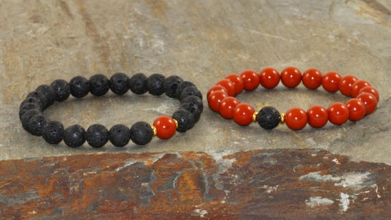 Couples Bracelets, His And Hers Bracelet Set, Volcanic Lava & Red Jasper Bracelet, Wrist Mala Beads, Strength - Grounding - Stress Relief