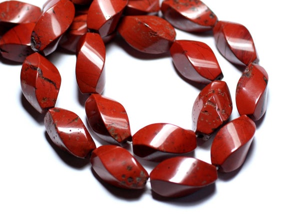 Fil 39cm 19pc Env - Perles De Pierre - Jaspe Rouge Grandes Olives Torsadées 20x10mm
