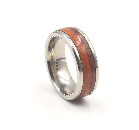 Men's Ring, Titanium Ring, Merbua Wood, Red Jasper Stone, And Coconut Wood Ring, Stone Inlay Ring, Wood Inlay Ring, Triple Inlay Titanium