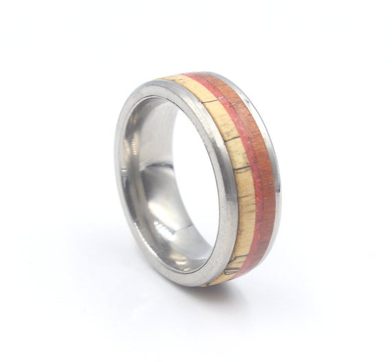 Men's Ring, Titanium Ring, Triple Inlay Ring, Red Jasper Stone,  Rosewood, And Spalted Tamarind Wood Ring, Men's Titanium, Titanium Ring